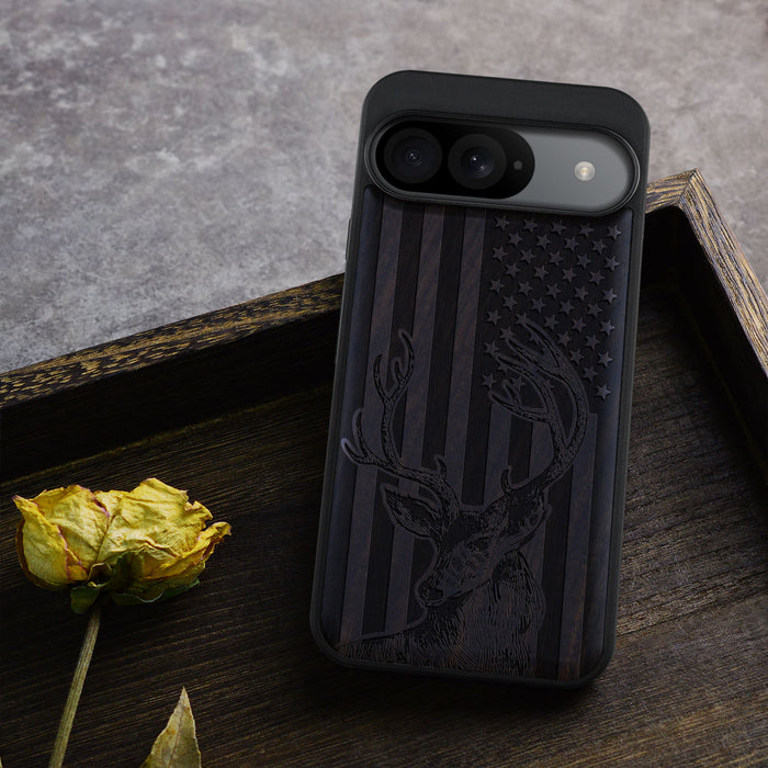 Deer Against the Backdrop of Stars and Stripes, Classic Engraved Wood & TPU Case - Artisanal Cover for Google Pixel