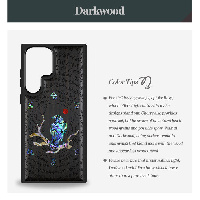 Whispers of the Enigma, Hand-Inlaid Wood & Mother of Pearl Case - Artisanal Cover for Samsung Galaxy