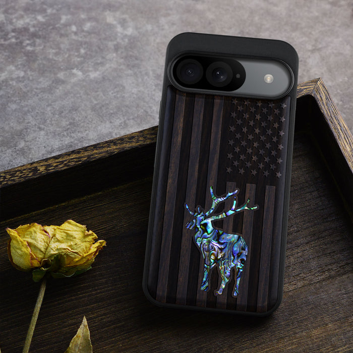 American Flag, Deer, Hand-Inlaid Wood & Mother of Pearl Case - Artisanal Cover for Google Pixel