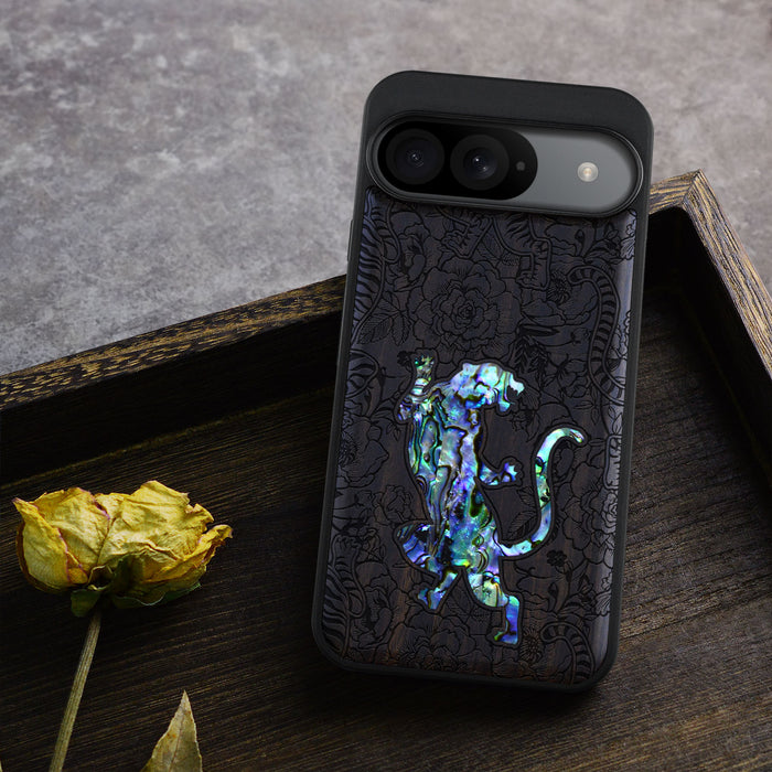 A Tiger Amidst Flowers, Hand-Inlaid Wood & Mother of Pearl Case - Artisanal Cover for Google Pixel