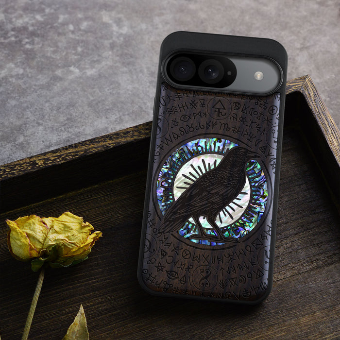 The Haloed Crow, Hand-Inlaid Wood & Mother of Pearl Case - Artisanal Cover for Google Pixel