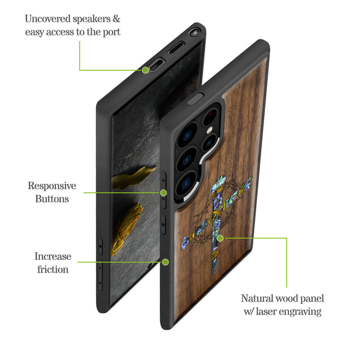 Crucifix Nails, Hand-Inlaid Wood & Mother of Pearl Case - Artisanal Cover for Samsung Galaxy