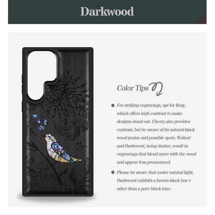 The Chrysanthemum and the Songbird, Hand-Inlaid Wood & Mother of Pearl Case - Artisanal Cover for Samsung Galaxy
