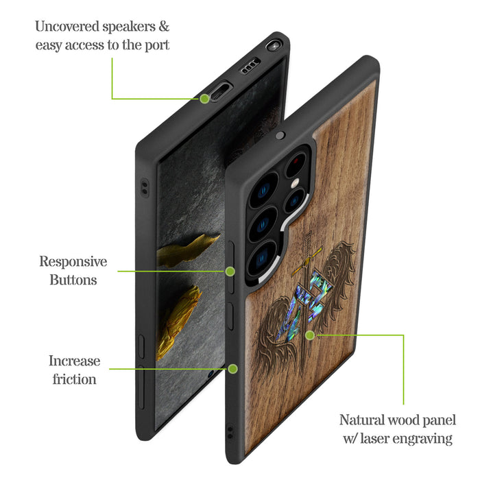 Wings of Valor Essence, Hand-Inlaid Wood & Mother of Pearl Case - Artisanal Cover for Samsung Galaxy