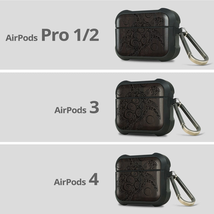 Maori Turtle - Wood Artisan Engraved & Shell Hand-Inlaid Cover - Artisanal Case for Apple AirPods (Titanium Quick Released Clasp)