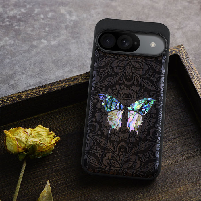 Baroque Butterfly, Hand-Inlaid Wood & Mother of Pearl Case - Artisanal Cover for Google Pixel