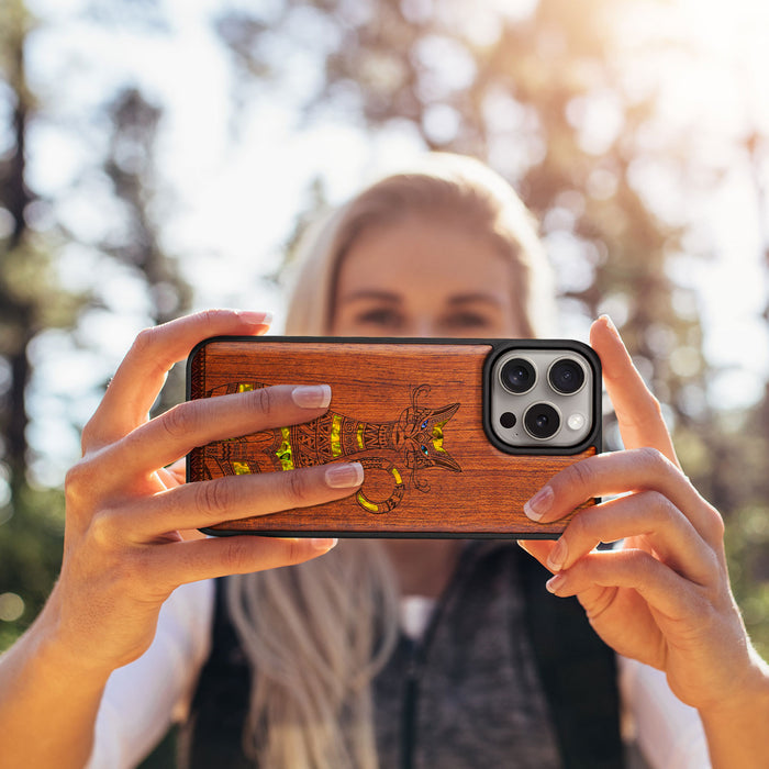 Tribal Cat Art, Hand-Inlaid Wood & Mother of Pearl Case - Artisanal Cover for Apple iPhone