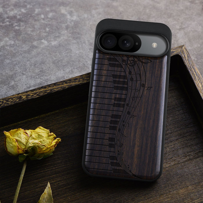 Melodic Waves, Classic Engraved Wood & TPU Case - Artisanal Cover for Google Pixel