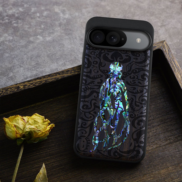 Cephalopod's Nocturne, Hand-Inlaid Wood & Mother of Pearl Case - Artisanal Cover for Google Pixel