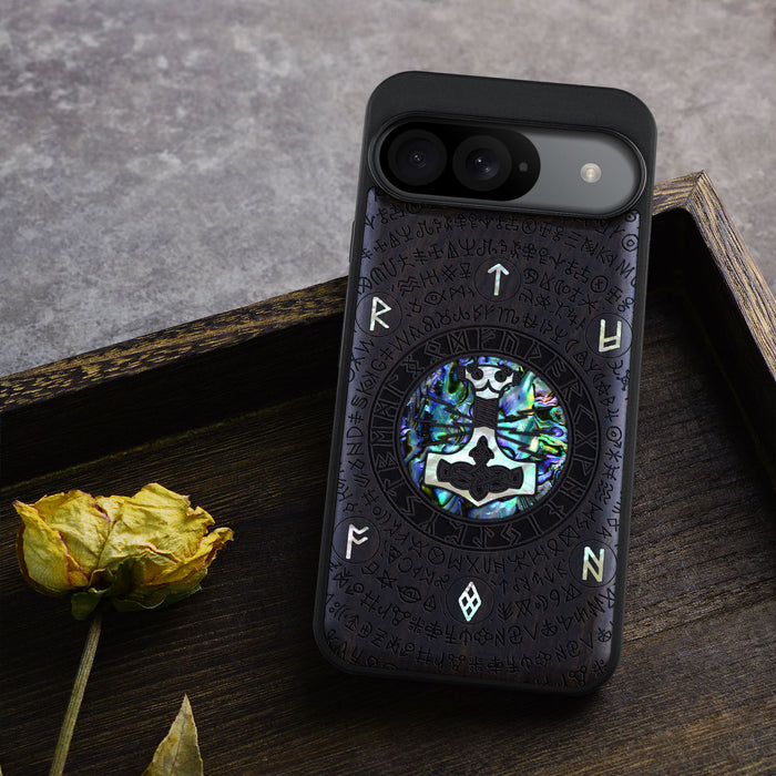 Mjölnir and the Runes, Hand-Inlaid Wood & Mother of Pearl Case - Artisanal Cover for Google Pixel