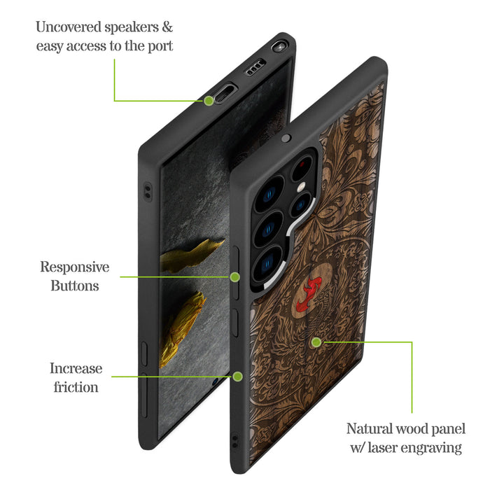 Phoenix in Symmetry, Hand-Inlaid Wood & Mother of Pearl Case - Artisanal Cover for Samsung Galaxy