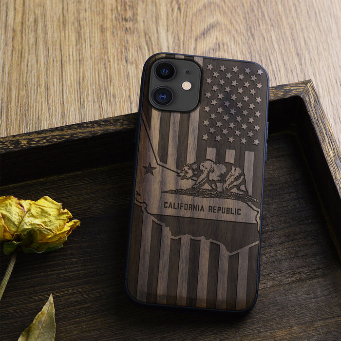 California's Emblematic Tribute, Classic Engraved Wood & TPU Case - Artisanal Cover for Apple iPhone