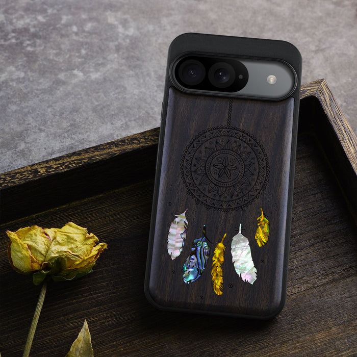 Dreamcatcher's Embrace, Hand-Inlaid Wood & Mother of Pearl Case - Artisanal Cover for Google Pixel