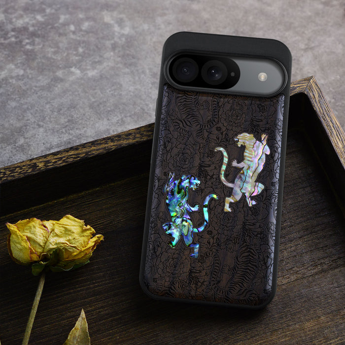 Tiger Amidst Flowers, Hand-Inlaid Wood & Mother of Pearl Case - Artisanal Cover for Google Pixel