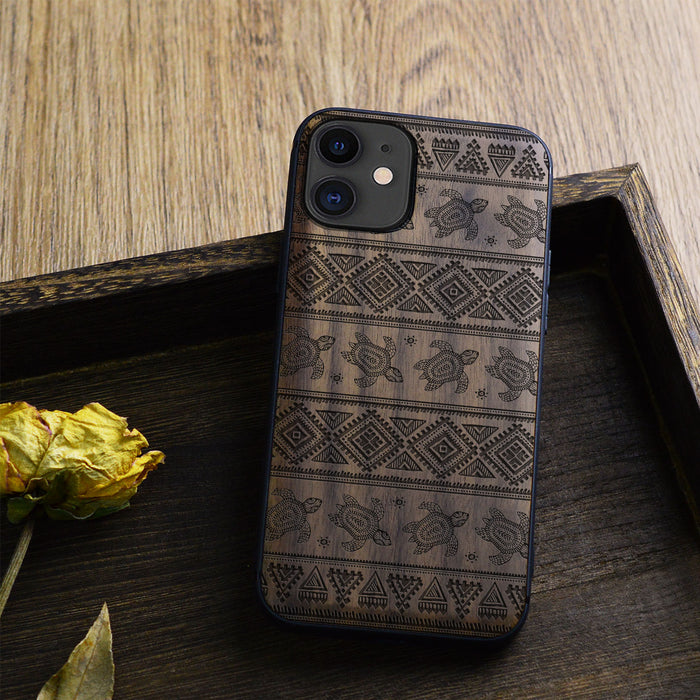 The Aztec Sea Turtle, Classic Engraved Wood & TPU Case - Artisanal Cover for Apple iPhone