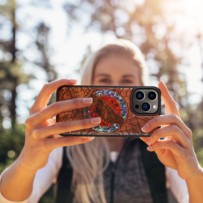 The Haloed Crow, Hand-Inlaid Wood & Mother of Pearl Case - Artisanal Cover for Apple iPhone