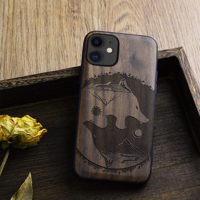 Yin-Yang Wolf, Classic Engraved Wood & TPU Case - Artisanal Cover for Apple iPhone