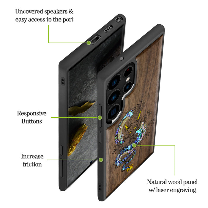 The Oriental Dragon, Hand-Inlaid Wood & Mother of Pearl Case - Artisanal Cover for Samsung Galaxy