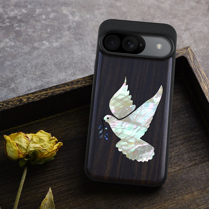 The Dove with Olive Branch, Hand-Inlaid Wood & Mother of Pearl Case - Artisanal Cover for Google Pixel