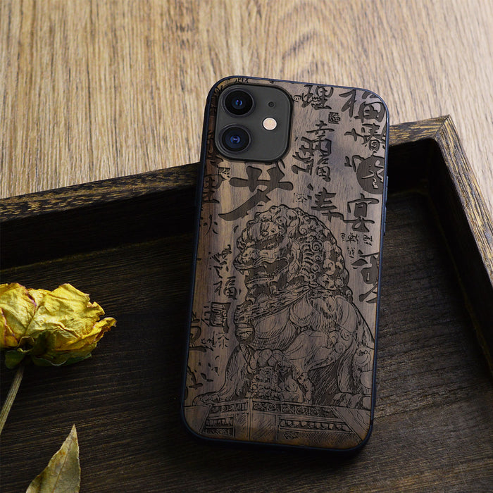 The Chinese Guardian Lions, Classic Engraved Wood & TPU Case - Artisanal Cover for Apple iPhone