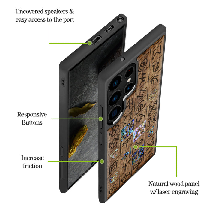 Mystical Runes, Hand-Inlaid Wood & Mother of Pearl Case - Artisanal Cover for Samsung Galaxy