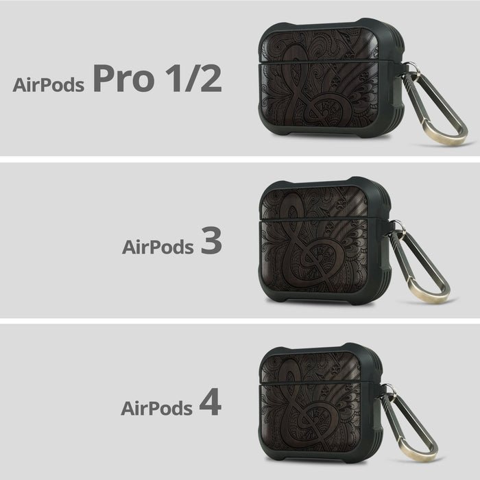 Zen Doodle Treble Clef - Wood Artisan Engraved & Shell Hand-Inlaid Cover - Artisanal Case for Apple AirPods (Titanium Quick Released Clasp)
