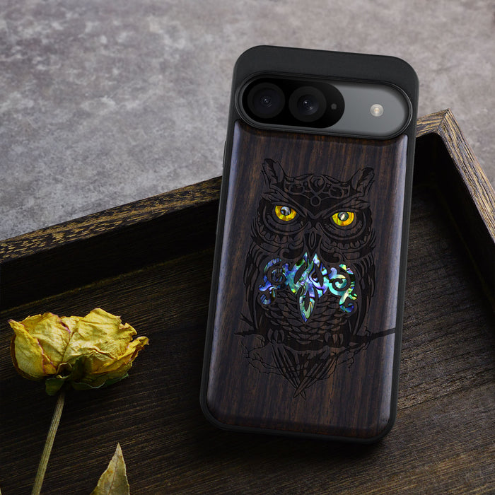 An Owl Perched on a Branch, Hand-Inlaid Wood & Mother of Pearl Case - Artisanal Cover for Google Pixel