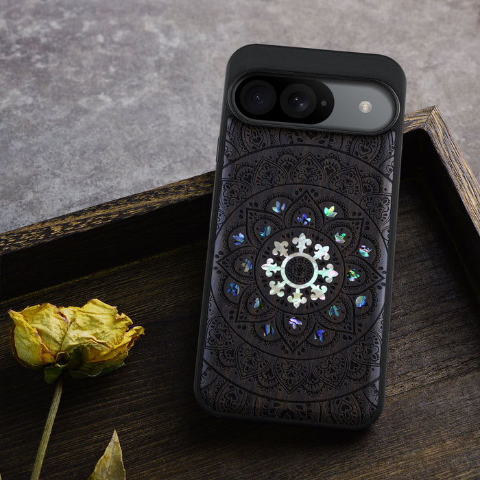 Mandala Floral, Hand-Inlaid Wood & Mother of Pearl Case - Artisanal Cover for Google Pixel