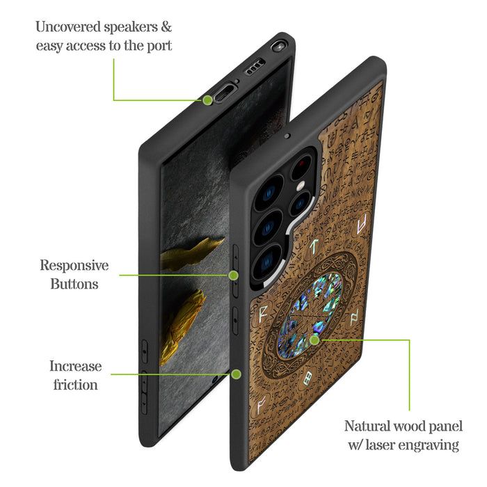 The Shield of Dragons and Awe, Hand-Inlaid Wood & Mother of Pearl Case - Artisanal Cover for Samsung Galaxy