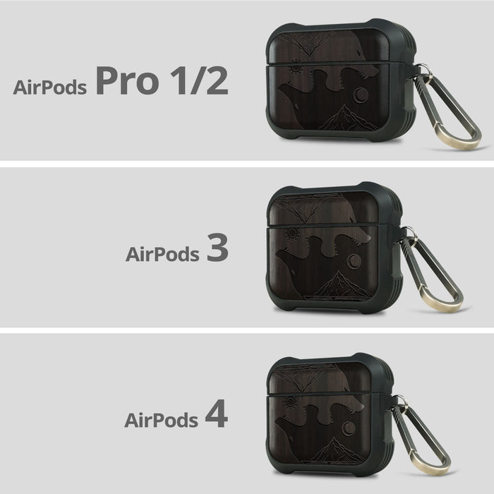 Yin-Yang Wolf - Wood Artisan Engraved & Shell Hand-Inlaid Cover - Artisanal Case for Apple AirPods (Titanium Quick Released Clasp)