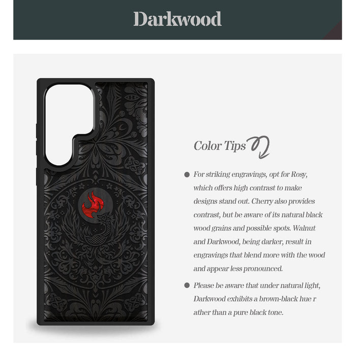 Phoenix in Symmetry, Hand-Inlaid Wood & Mother of Pearl Case - Artisanal Cover for Samsung Galaxy