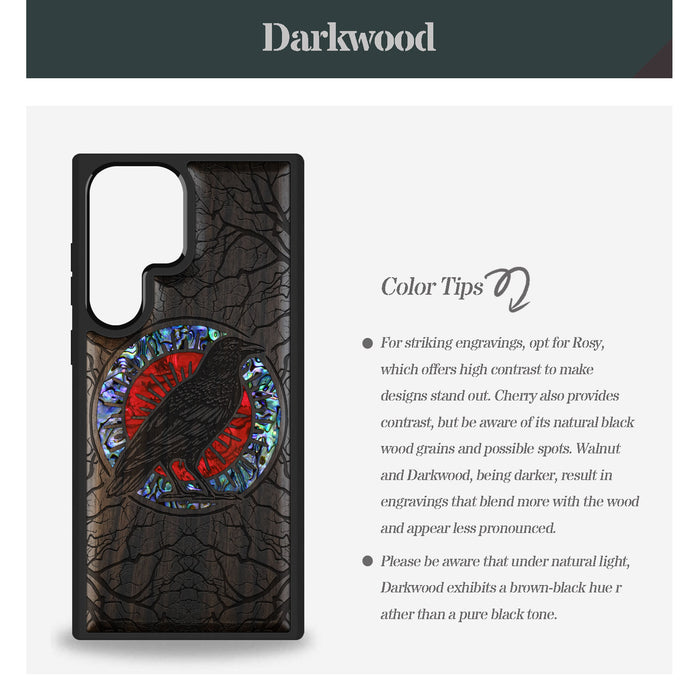 Luminous Crow Amidst Forest Lattice, Hand-Inlaid Wood & Mother of Pearl Case - Artisanal Cover for Samsung Galaxy