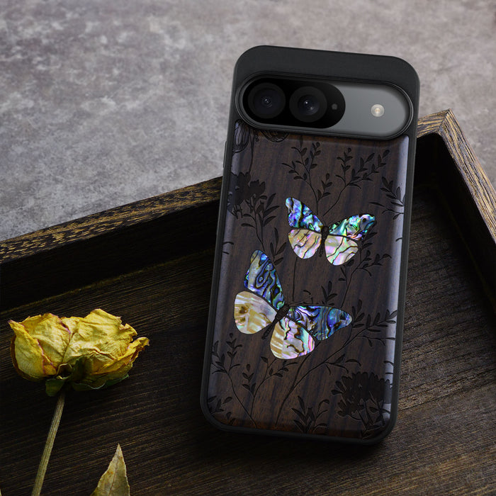 A Dance of Nature, Hand-Inlaid Wood & Mother of Pearl Case - Artisanal Cover for Google Pixel