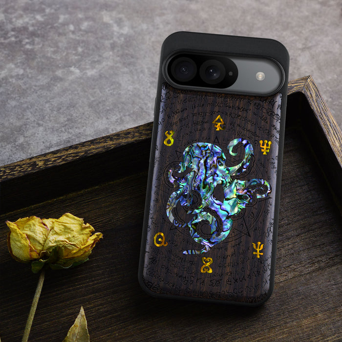 Octopus and Octagonal Star, Hand-Inlaid Wood & Mother of Pearl Case - Artisanal Cover for Google Pixel