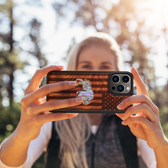 American Flag, Bison, Hand-Inlaid Wood & Mother of Pearl Case - Artisanal Cover for Apple iPhone