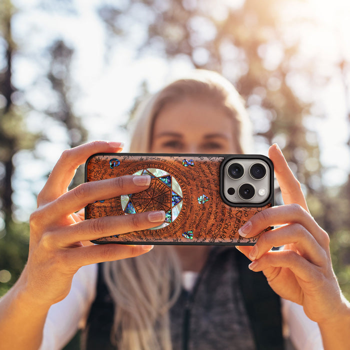 The Sacred Seals, Hand-Inlaid Wood & Mother of Pearl Case - Artisanal Cover for Apple iPhone