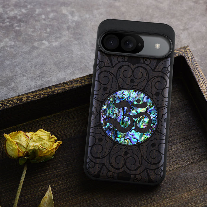 Eternal Om Mandala, Hand-Inlaid Wood & Mother of Pearl Case - Artisanal Cover for Google Pixel