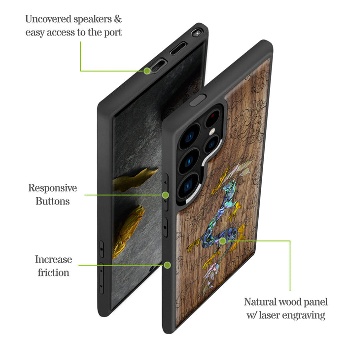 The Dragon's Ascen, Hand-Inlaid Wood & Mother of Pearl Case - Artisanal Cover for Samsung Galaxy