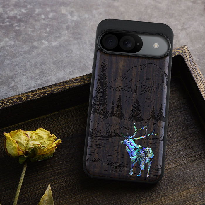 An Enthralling Natural Landscape Illustration, Hand-Inlaid Wood & Mother of Pearl Case - Artisanal Cover for Google Pixel