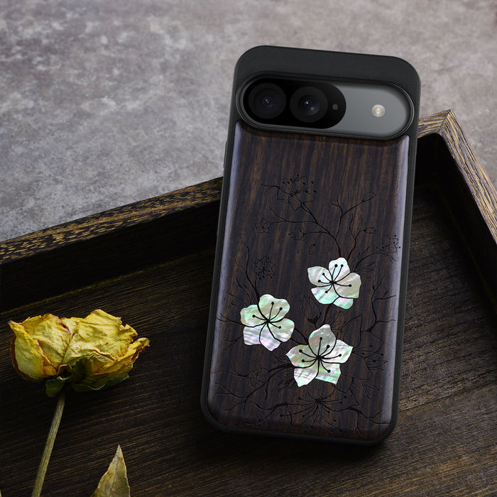 Whispering Sakura Blooms, Hand-Inlaid Wood & Mother of Pearl Case - Artisanal Cover for Google Pixel