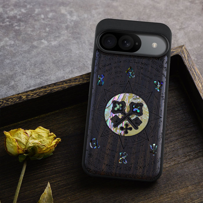 A Heraldic Enigma, Hand-Inlaid Wood & Mother of Pearl Case - Artisanal Cover for Google Pixel