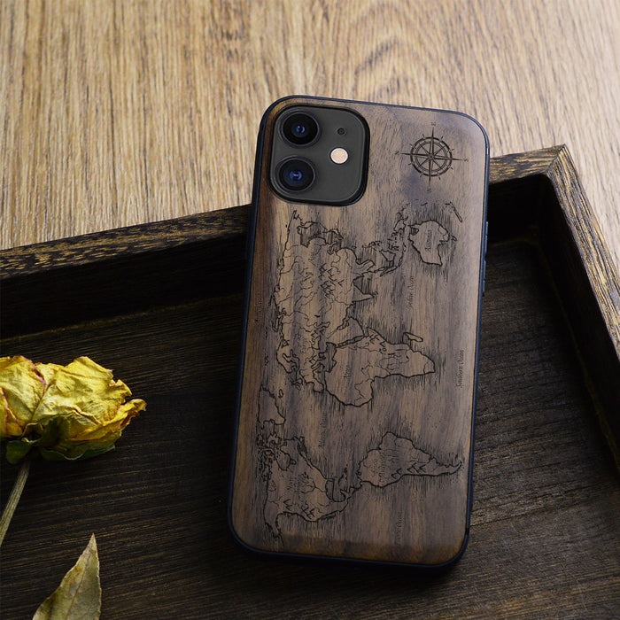 Abstract Expressionist World Map Linework, Classic Engraved Wood & TPU Case - Artisanal Cover for Apple iPhone