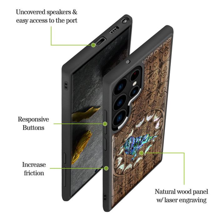 The Zentangle Crow, Hand-Inlaid Wood & Mother of Pearl Case - Artisanal Cover for Samsung Galaxy