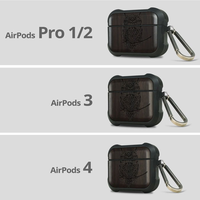 An Owl Perched on a Branch - Wood Artisan Engraved & Shell Hand-Inlaid Cover - Artisanal Case for Apple AirPods (Titanium Quick Released Clasp)
