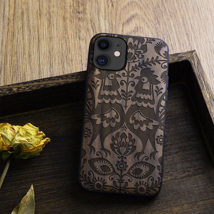 Polish Folk Art with Roosters and Florals, Classic Engraved Wood & TPU Case - Artisanal Cover for Apple iPhone