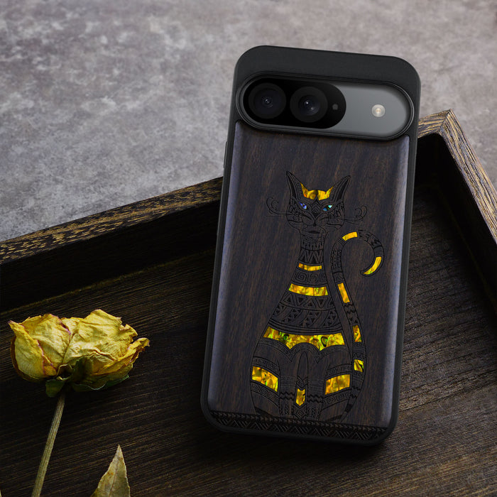 Tribal Cat Art, Hand-Inlaid Wood & Mother of Pearl Case - Artisanal Cover for Google Pixel