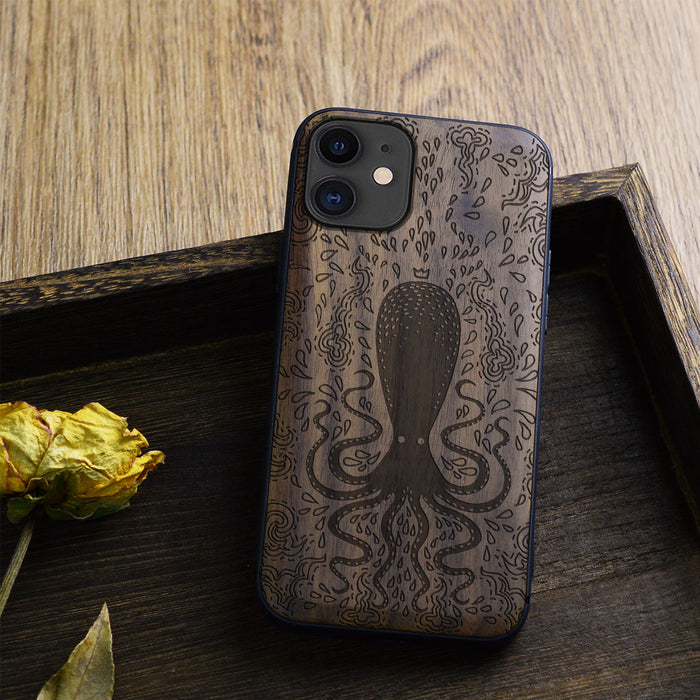 The Floral Octopus, Classic Engraved Wood & TPU Case - Artisanal Cover for Apple iPhone