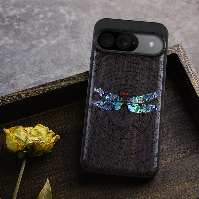 The Graceful Dragonfly, Hand-Inlaid Wood & Mother of Pearl Case - Artisanal Cover for Google Pixel