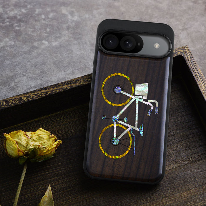 Classic Bicycle Silhouette, Hand-Inlaid Wood & Mother of Pearl Case - Artisanal Cover for Google Pixel