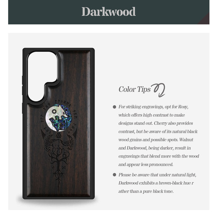 Vegvísir Ravens and Yggdrasil Hand-Inlaid Wood & Mother of Pearl Case Samsung Galaxy Artisanal Case View